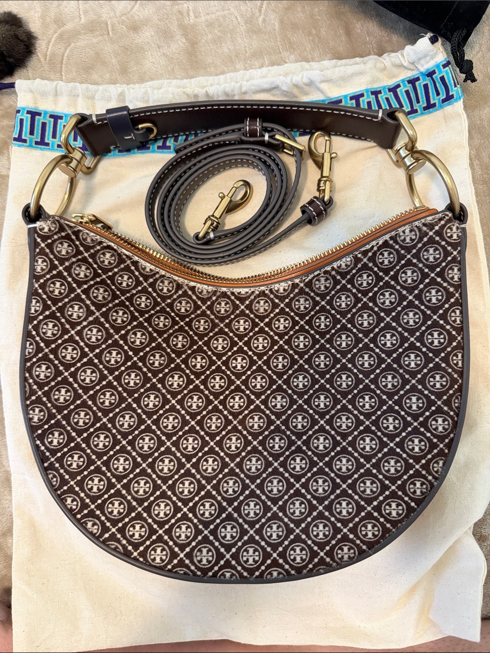 Tory Burch T Monogram Calf Hair Mini  Crescent Bag